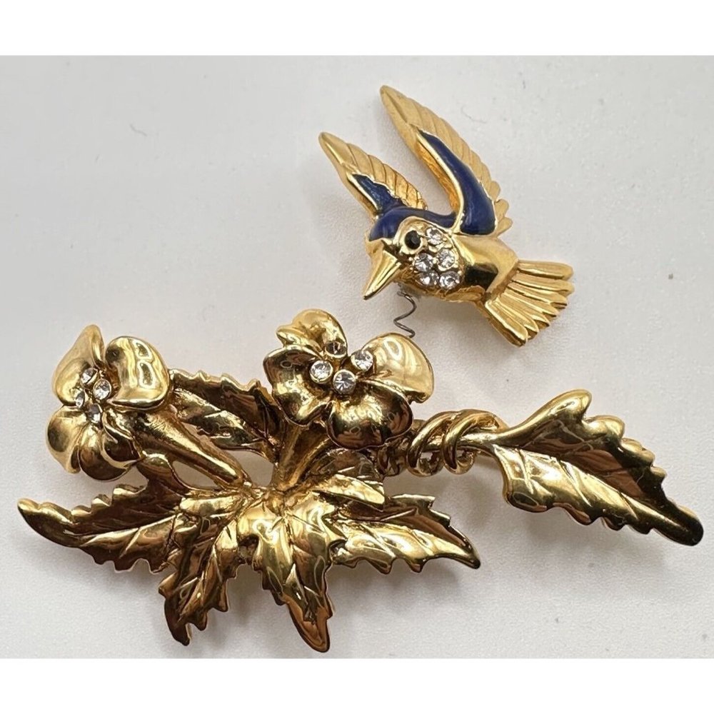 Danecraft Goldtone Enamel & Rhinestone Hummingbird‎ Flowers Trembler Pin Brooch